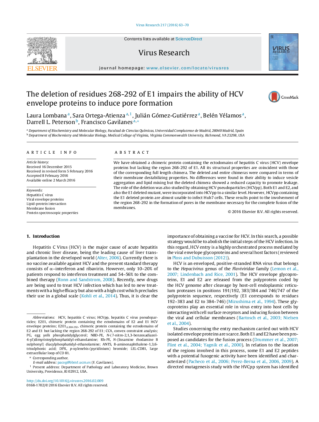 The deletion of residues 268-292 of E1 impairs the ability of HCV envelope proteins to induce pore formation