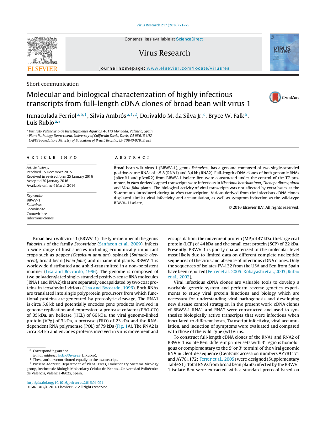 Molecular and biological characterization of highly infectious transcripts from full-length cDNA clones of broad bean wilt virus 1