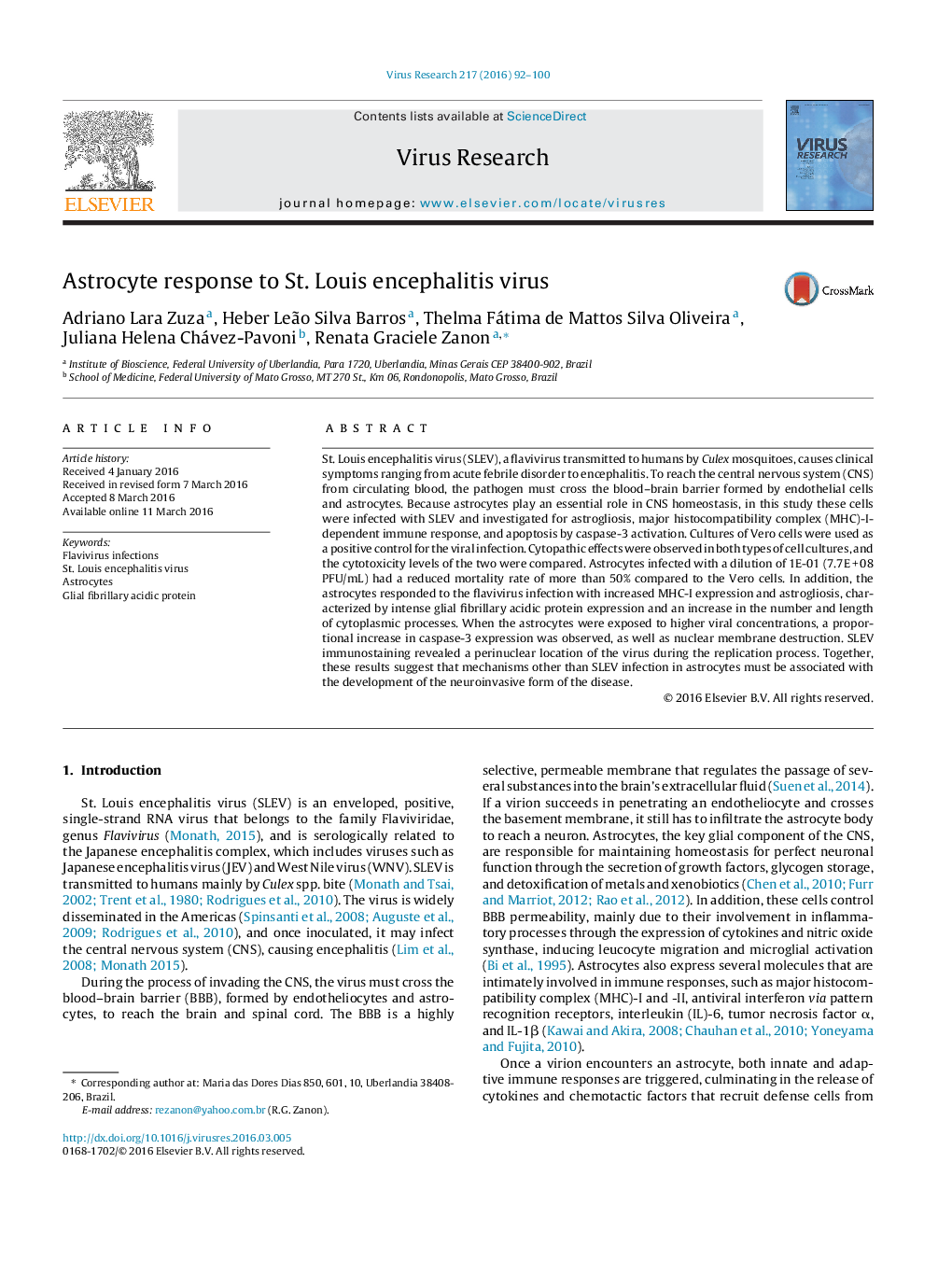 Astrocyte response to St. Louis encephalitis virus