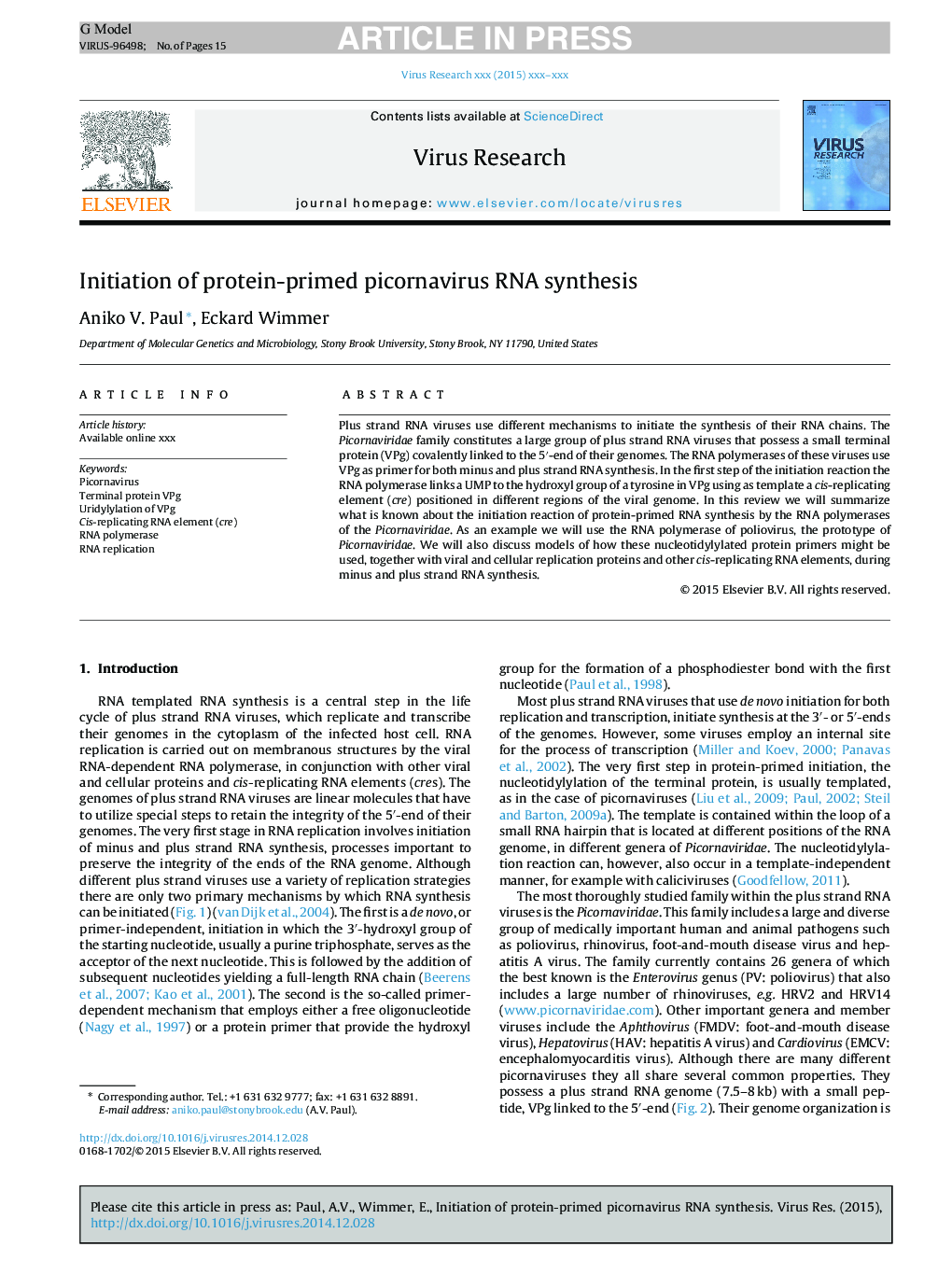 Initiation of protein-primed picornavirus RNA synthesis