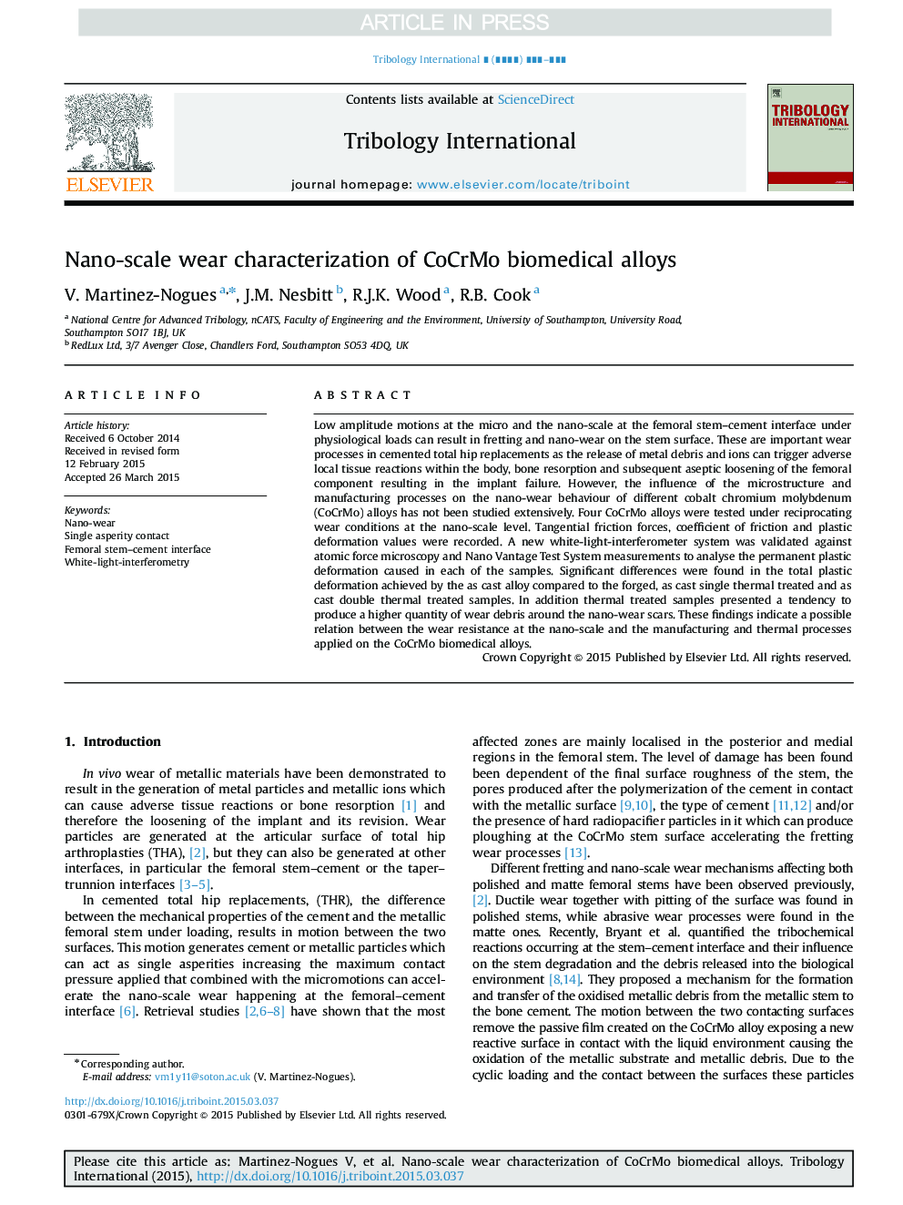 Nano-scale wear characterization of CoCrMo biomedical alloys