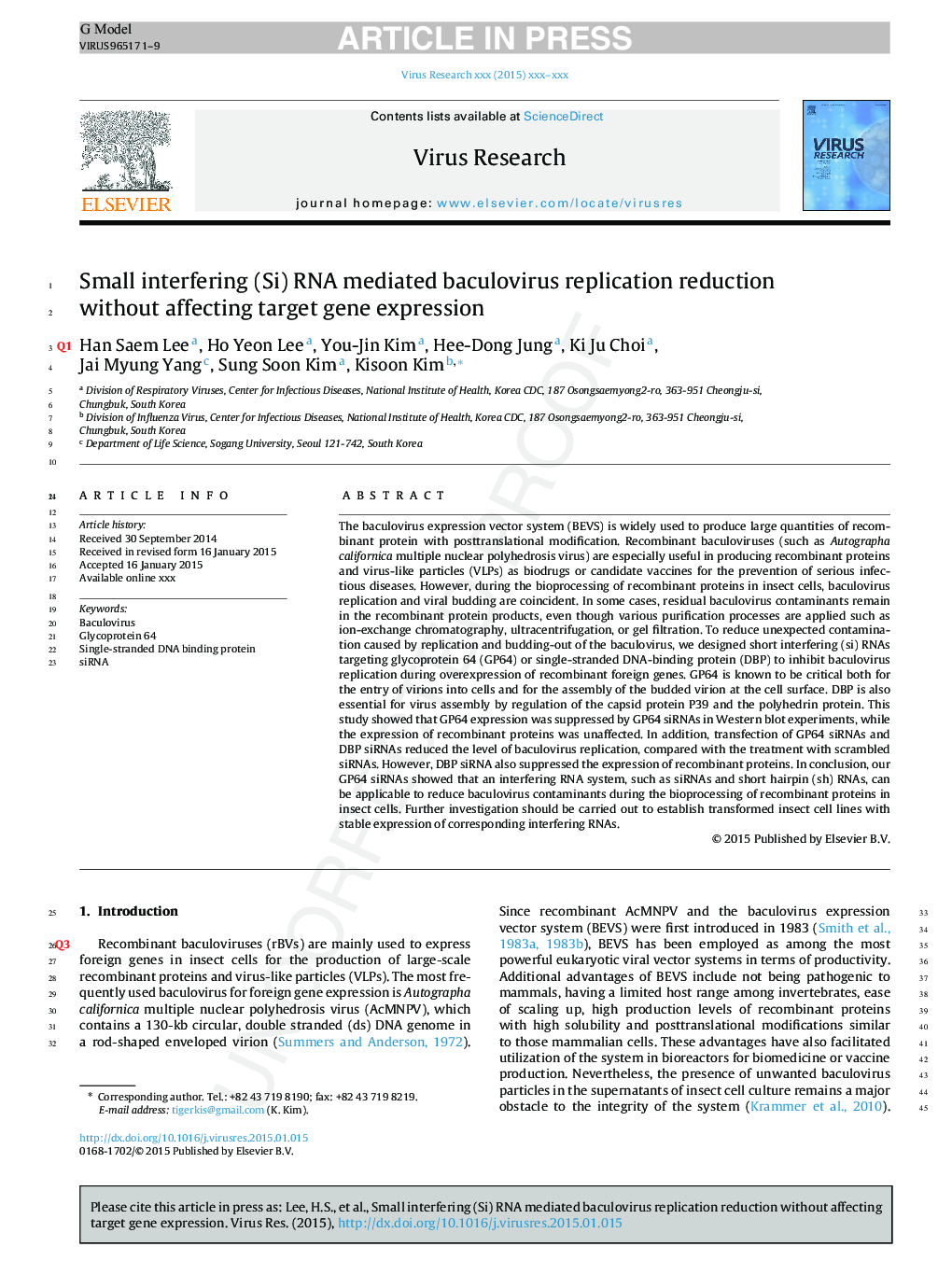 Small interfering (Si) RNA mediated baculovirus replication reduction without affecting target gene expression