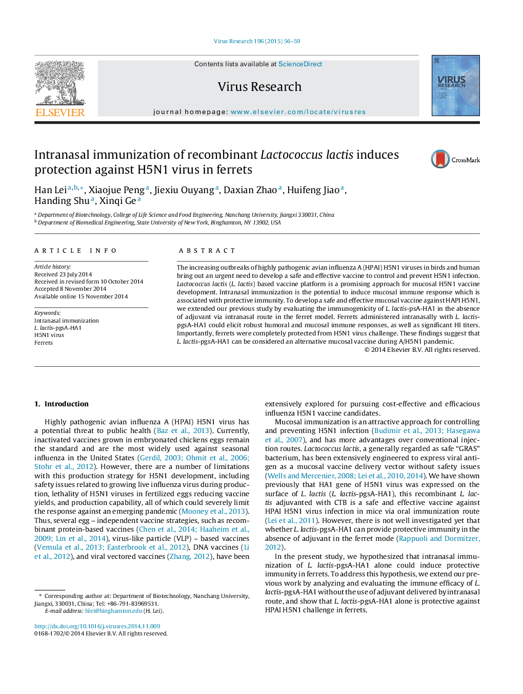 Intranasal immunization of recombinant Lactococcus lactis induces protection against H5N1 virus in ferrets