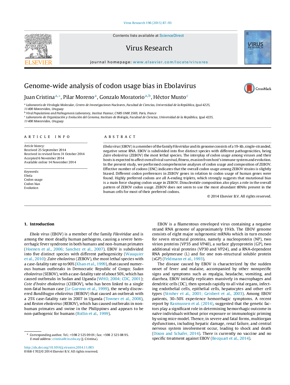 Genome-wide analysis of codon usage bias in Ebolavirus