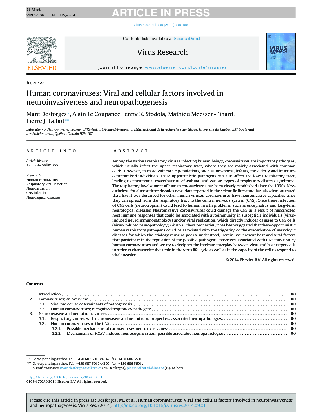 Human coronaviruses: Viral and cellular factors involved in neuroinvasiveness and neuropathogenesis