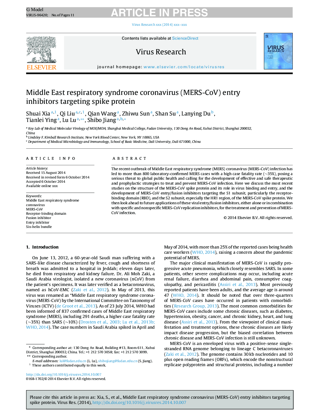 Middle East respiratory syndrome coronavirus (MERS-CoV) entry inhibitors targeting spike protein