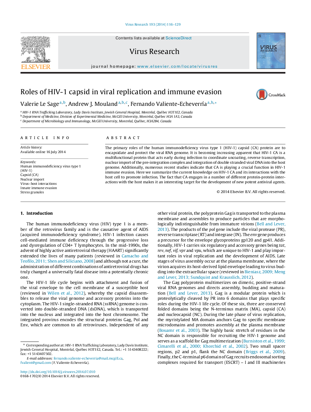 Roles of HIV-1 capsid in viral replication and immune evasion