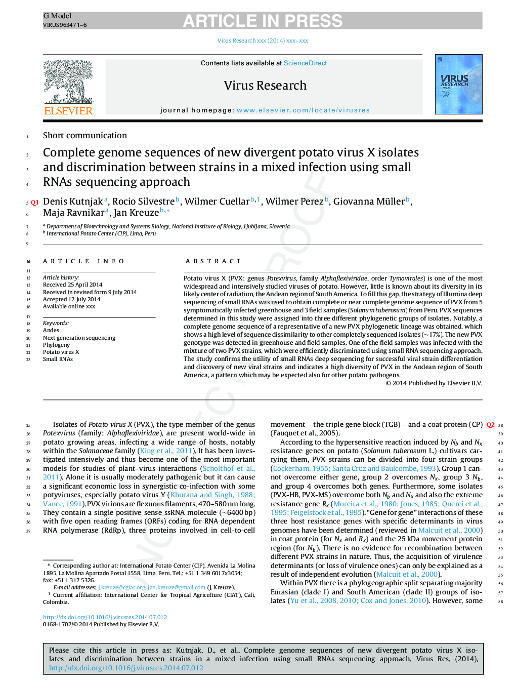 Complete genome sequences of new divergent potato virus X isolates and discrimination between strains in a mixed infection using small RNAs sequencing approach