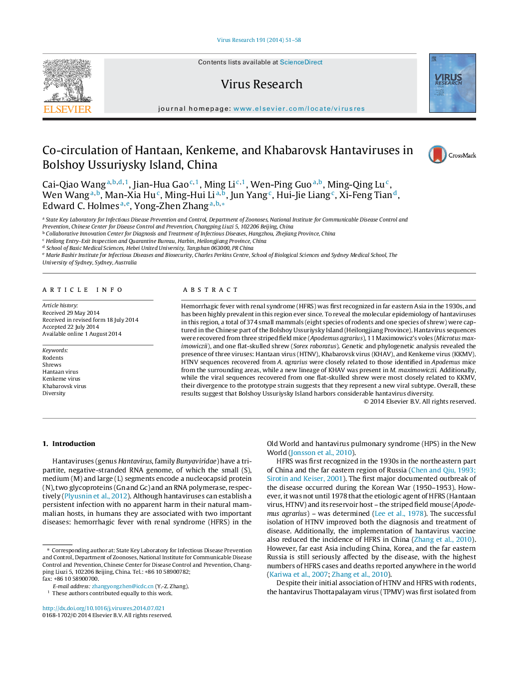 Co-circulation of Hantaan, Kenkeme, and Khabarovsk Hantaviruses in Bolshoy Ussuriysky Island, China