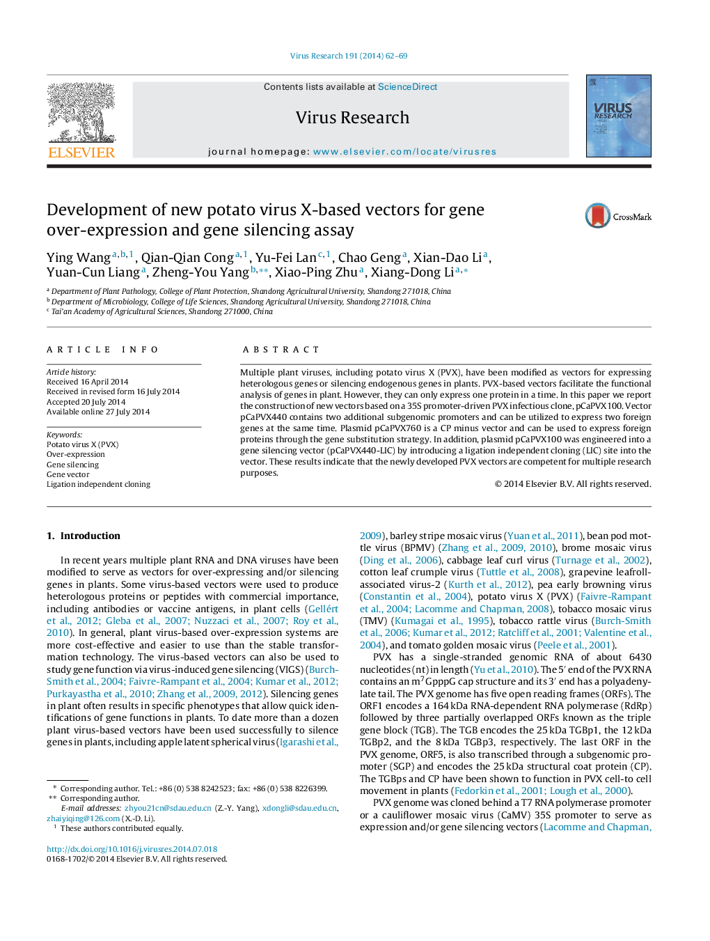 Development of new potato virus X-based vectors for gene over-expression and gene silencing assay