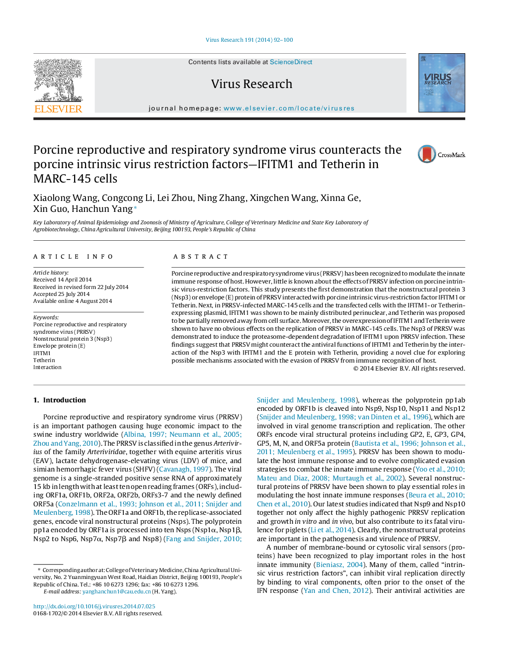 Porcine reproductive and respiratory syndrome virus counteracts the porcine intrinsic virus restriction factors-IFITM1 and Tetherin in MARC-145 cells