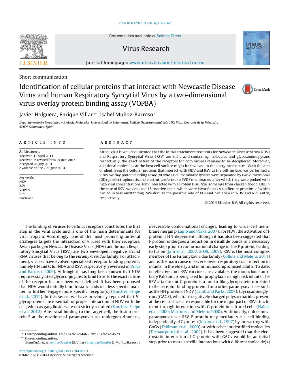 Identification of cellular proteins that interact with Newcastle Disease Virus and human Respiratory Syncytial Virus by a two-dimensional virus overlay protein binding assay (VOPBA)