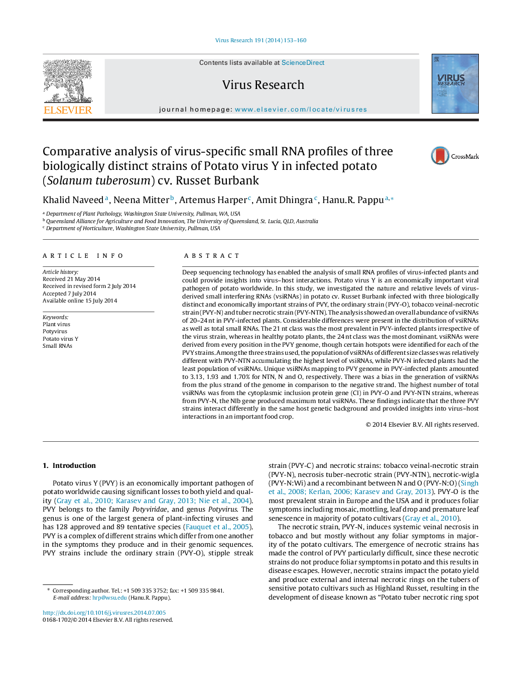 Comparative analysis of virus-specific small RNA profiles of three biologically distinct strains of Potato virus Y in infected potato (Solanum tuberosum) cv. Russet Burbank