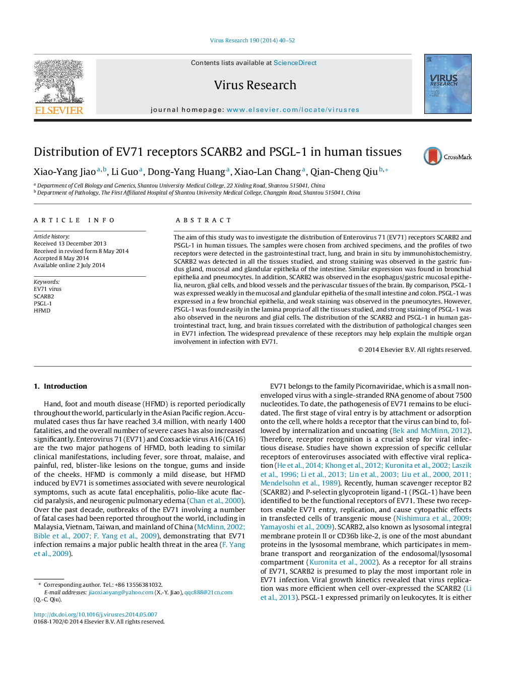 Distribution of EV71 receptors SCARB2 and PSGL-1 in human tissues