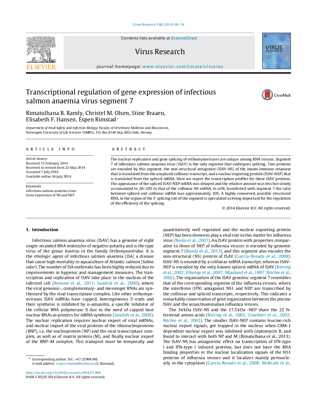 Transcriptional regulation of gene expression of infectious salmon anaemia virus segment 7