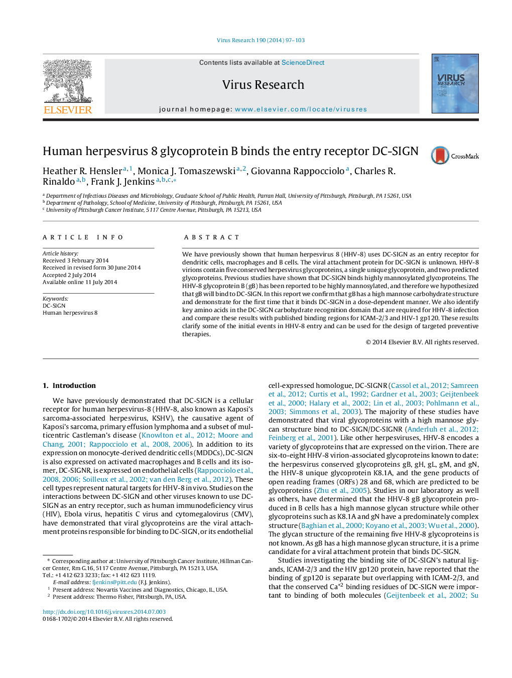 Human herpesvirus 8 glycoprotein B binds the entry receptor DC-SIGN