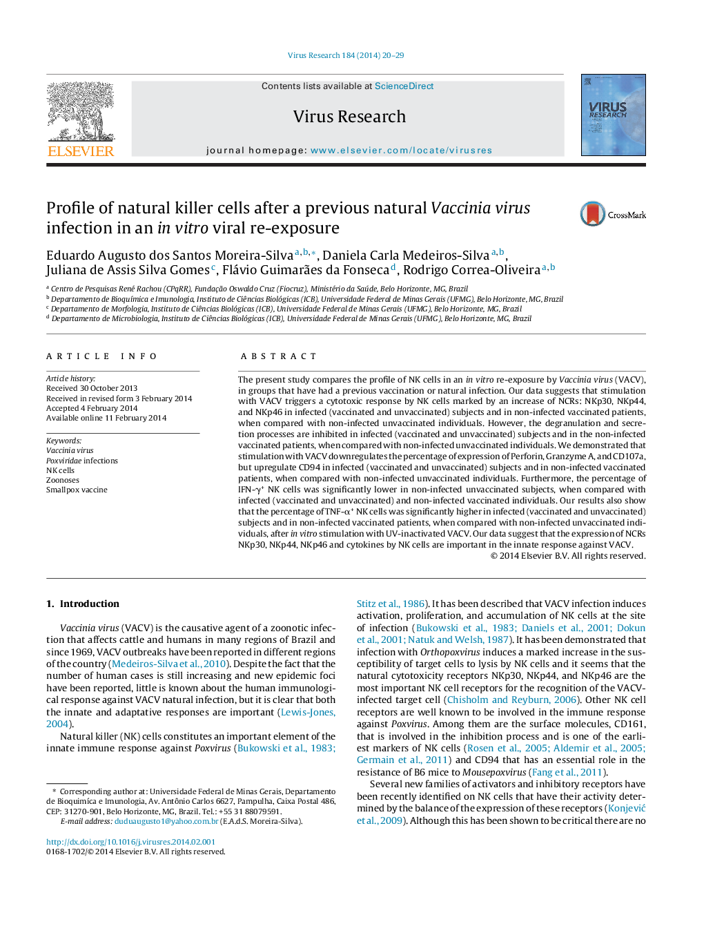 Profile of natural killer cells after a previous natural Vaccinia virus infection in an in vitro viral re-exposure