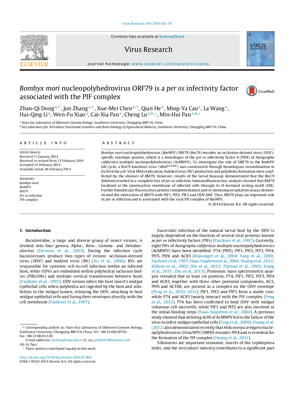 Bombyx mori nucleopolyhedrovirus ORF79 is a per os infectivity factor associated with the PIF complex