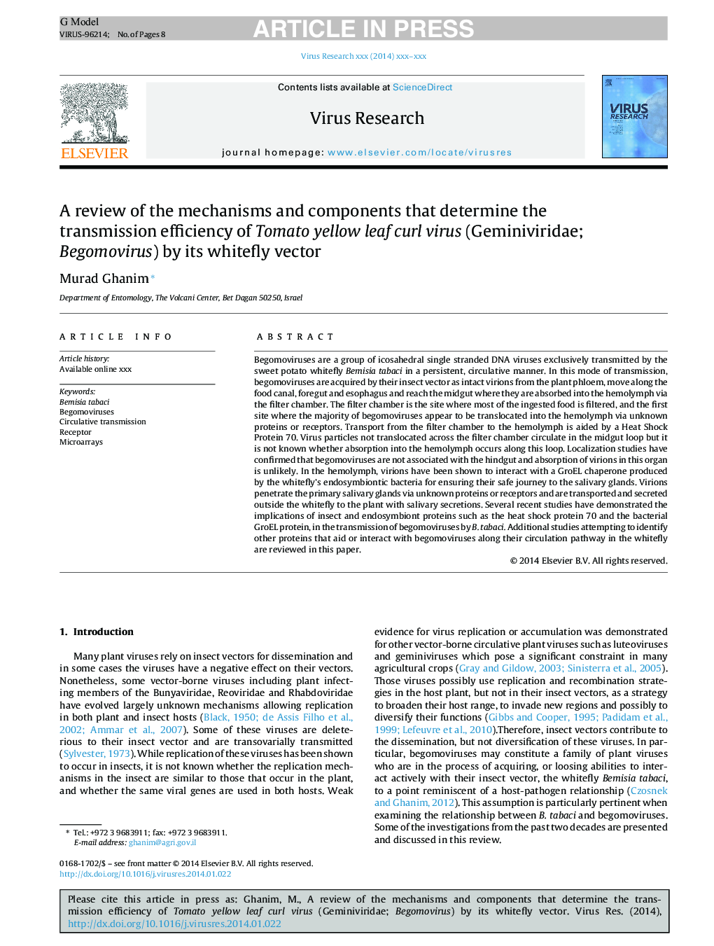 A review of the mechanisms and components that determine the transmission efficiency of Tomato yellow leaf curl virus (Geminiviridae; Begomovirus) by its whitefly vector