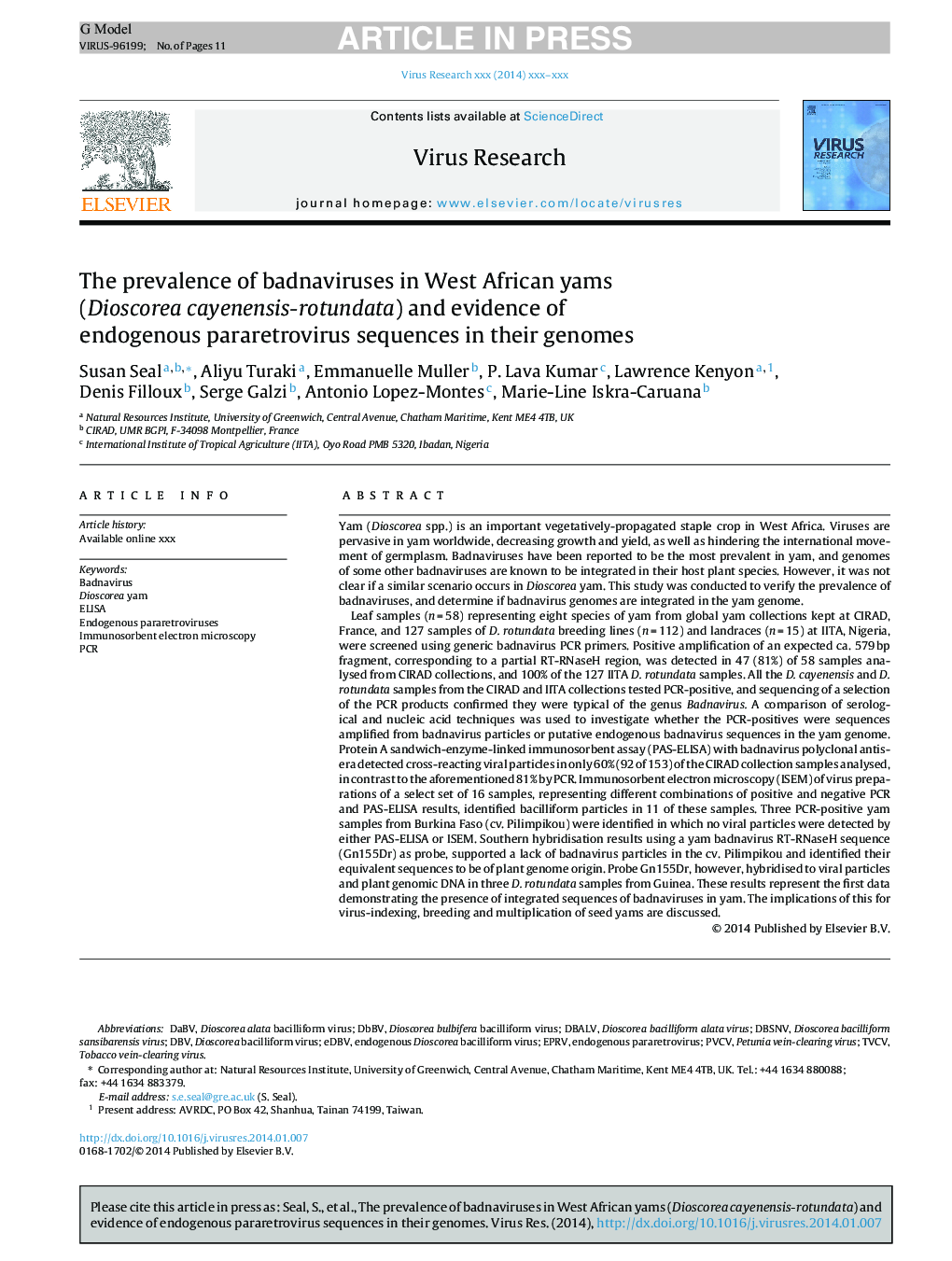 The prevalence of badnaviruses in West African yams (Dioscorea cayenensis-rotundata) and evidence of endogenous pararetrovirus sequences in their genomes