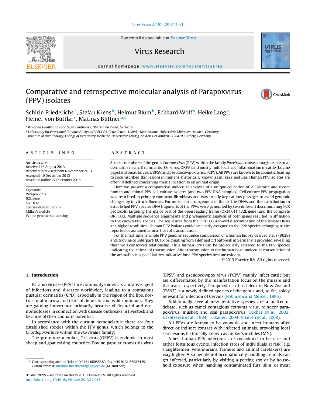 Comparative and retrospective molecular analysis of Parapoxvirus (PPV) isolates