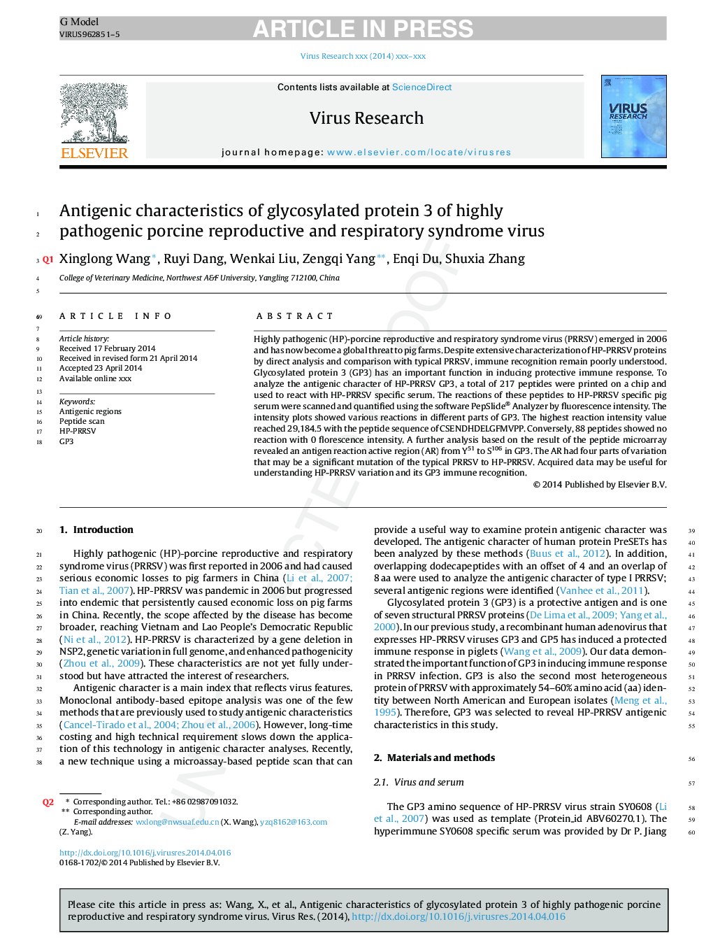 Antigenic characteristics of glycosylated protein 3 of highly pathogenic porcine reproductive and respiratory syndrome virus