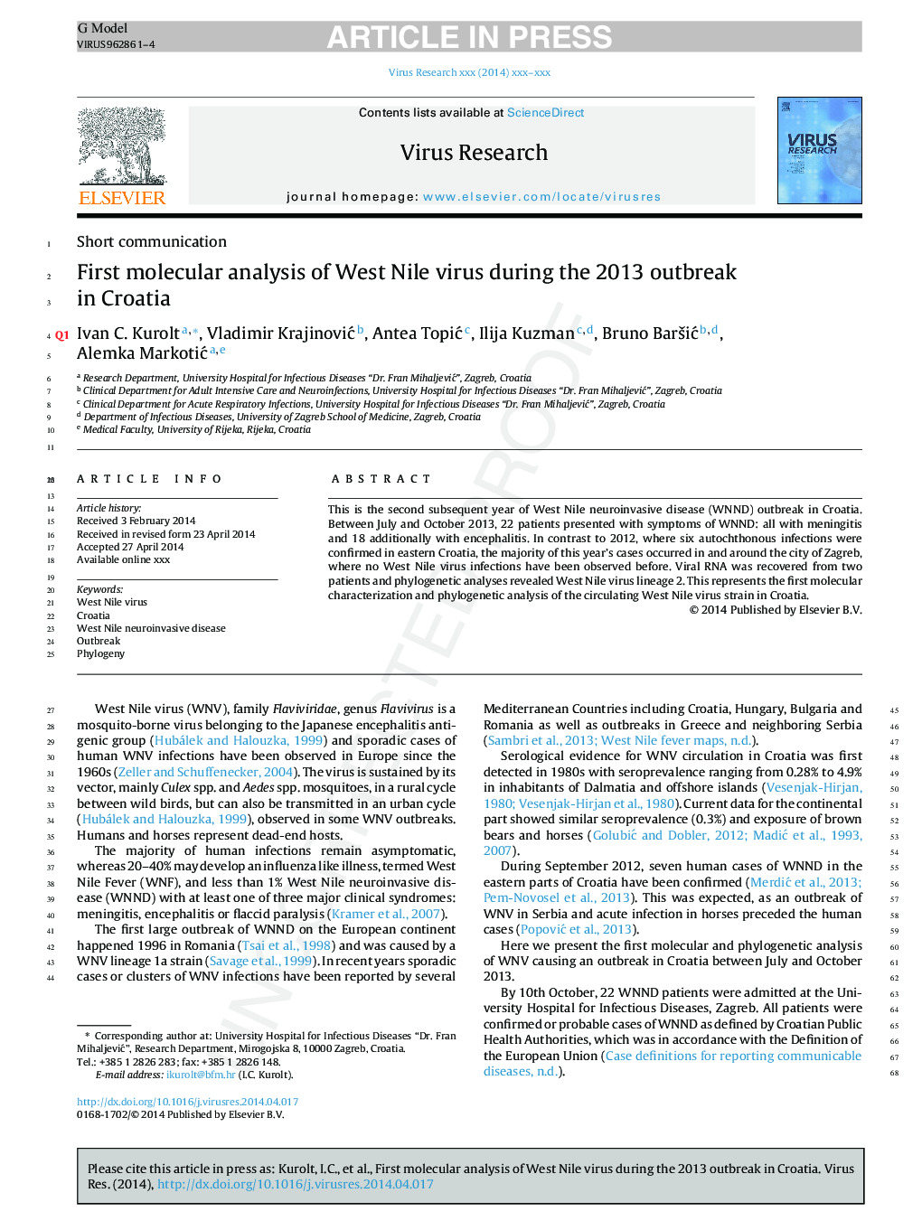 First molecular analysis of West Nile virus during the 2013 outbreak in Croatia