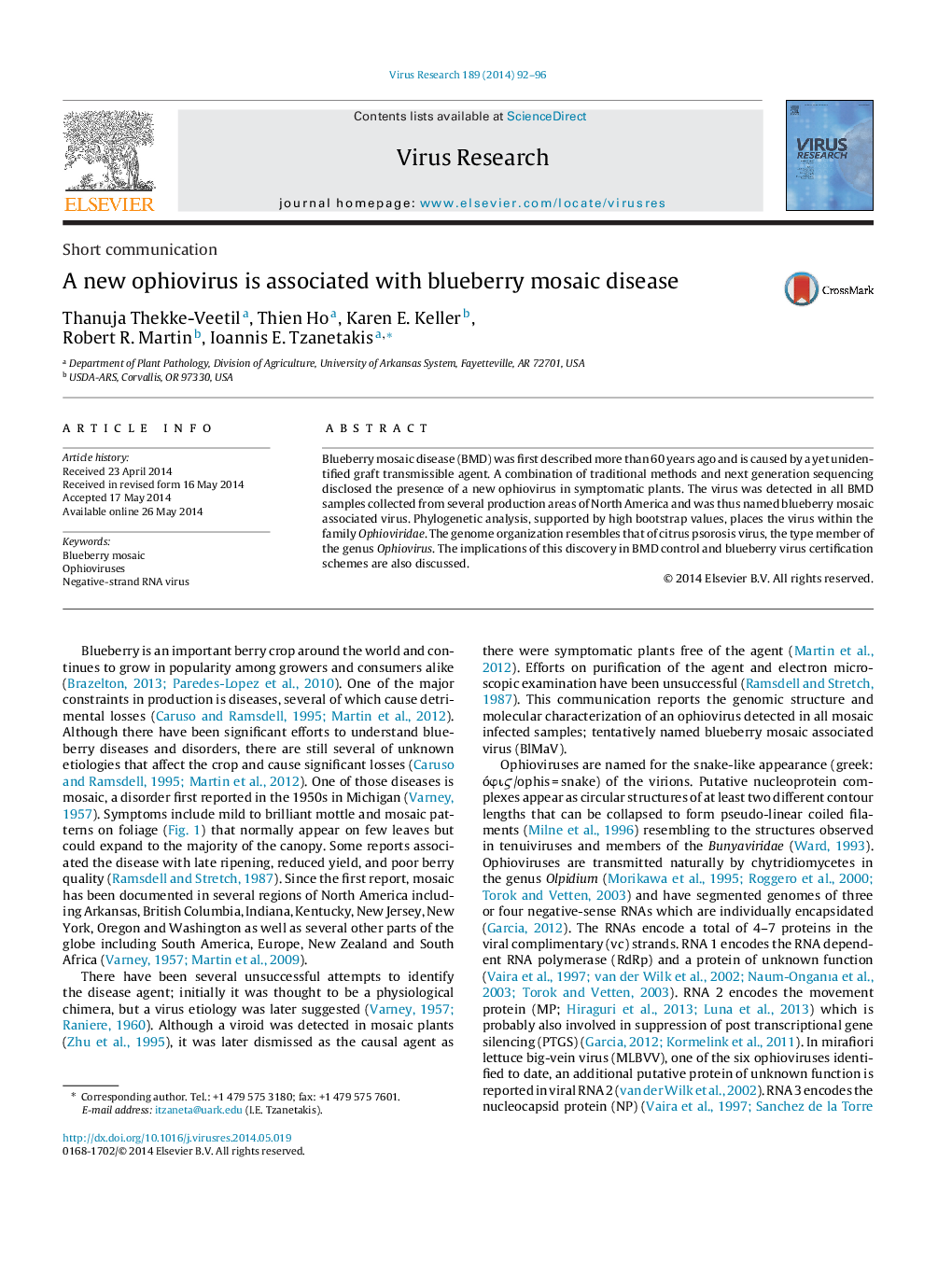 A new ophiovirus is associated with blueberry mosaic disease