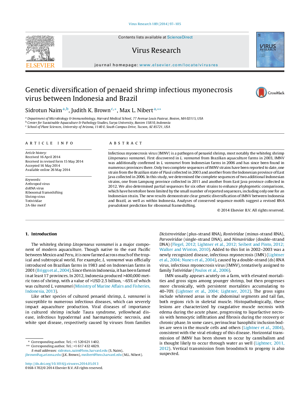 Genetic diversification of penaeid shrimp infectious myonecrosis virus between Indonesia and Brazil