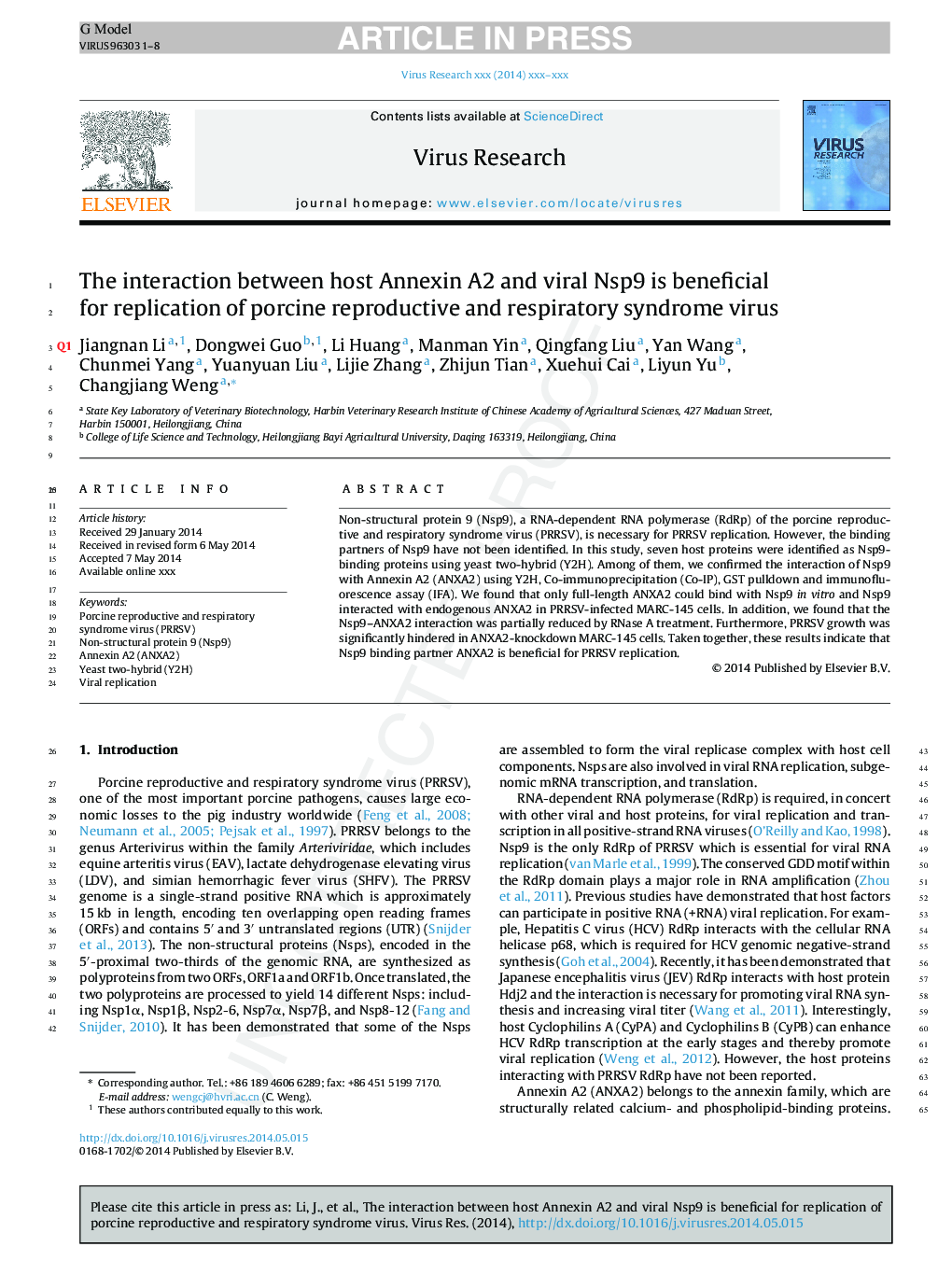 The interaction between host Annexin A2 and viral Nsp9 is beneficial for replication of porcine reproductive and respiratory syndrome virus