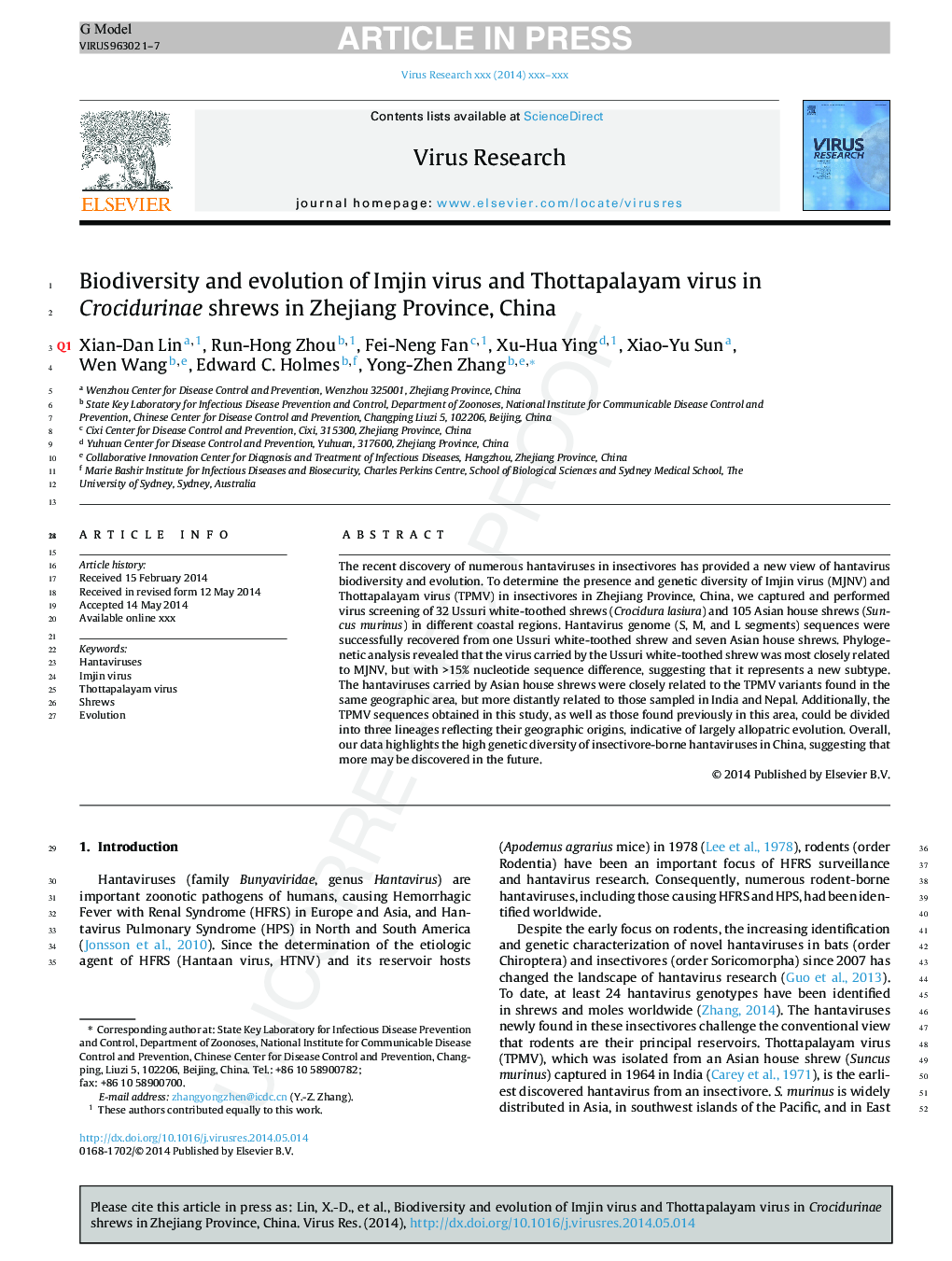 Biodiversity and evolution of Imjin virus and Thottapalayam virus in Crocidurinae shrews in Zhejiang Province, China