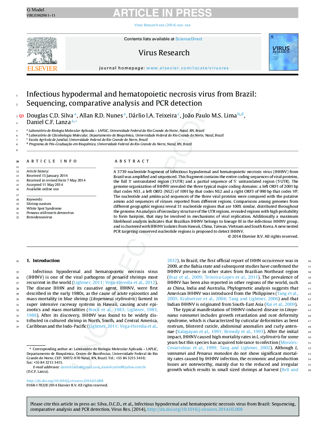 Infectious hypodermal and hematopoietic necrosis virus from Brazil: Sequencing, comparative analysis and PCR detection