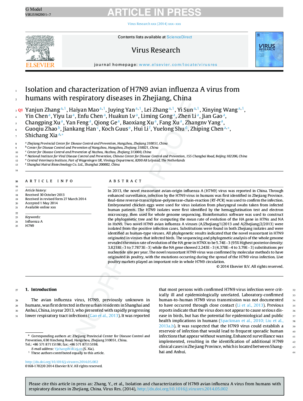 Isolation and characterization of H7N9 avian influenza A virus from humans with respiratory diseases in Zhejiang, China