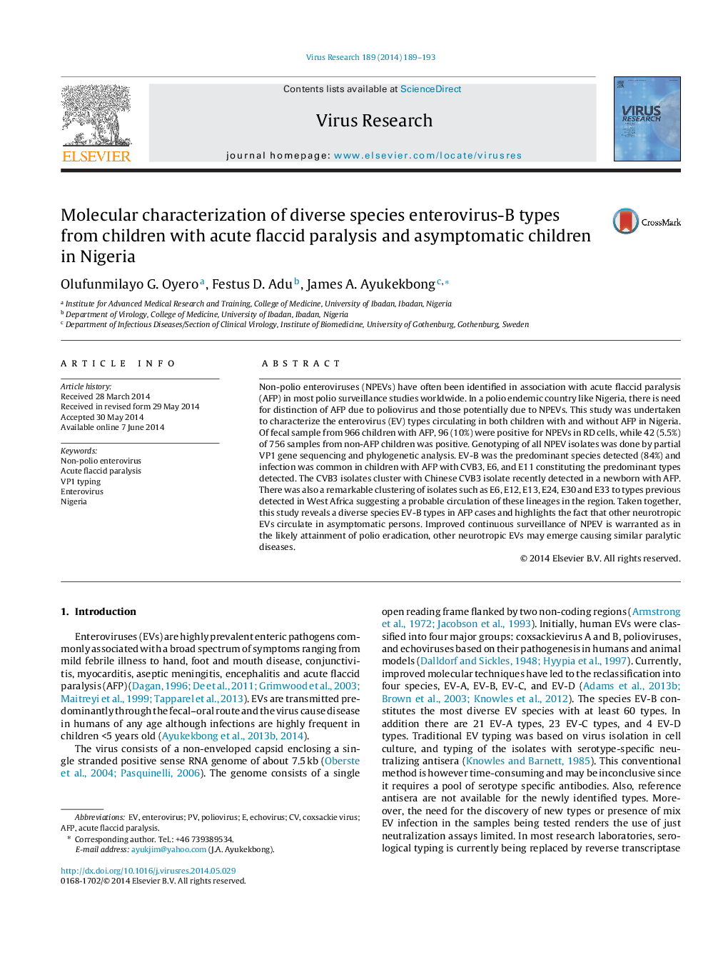 Molecular characterization of diverse species enterovirus-B types from children with acute flaccid paralysis and asymptomatic children in Nigeria