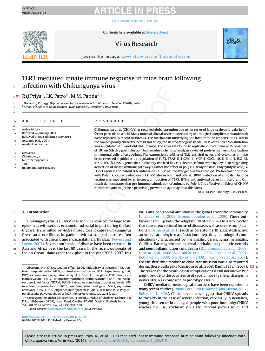 TLR3 mediated innate immune response in mice brain following infection with Chikungunya virus