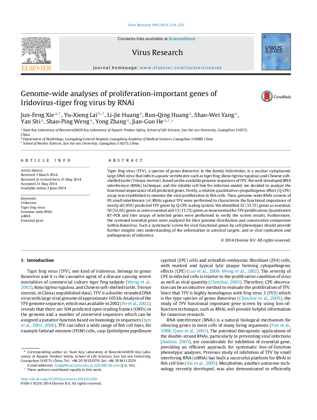 Genome-wide analyses of proliferation-important genes of Iridovirus-tiger frog virus by RNAi