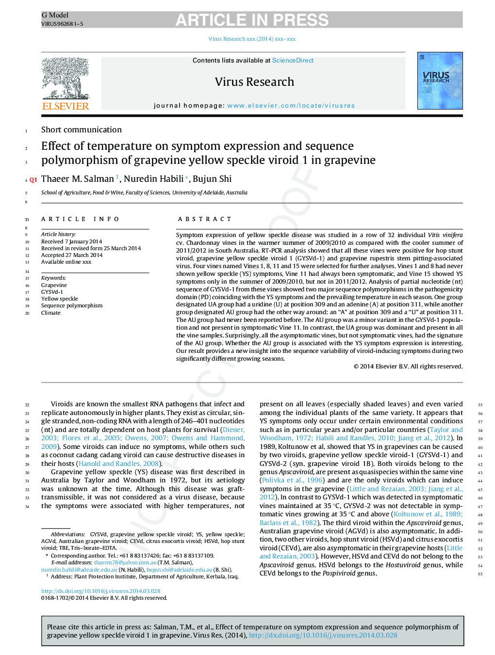 Effect of temperature on symptom expression and sequence polymorphism of grapevine yellow speckle viroid 1 in grapevine