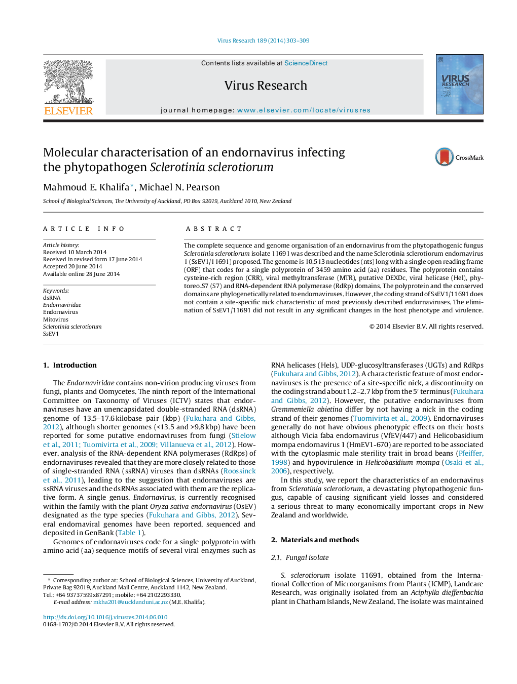 Molecular characterisation of an endornavirus infecting the phytopathogen Sclerotinia sclerotiorum