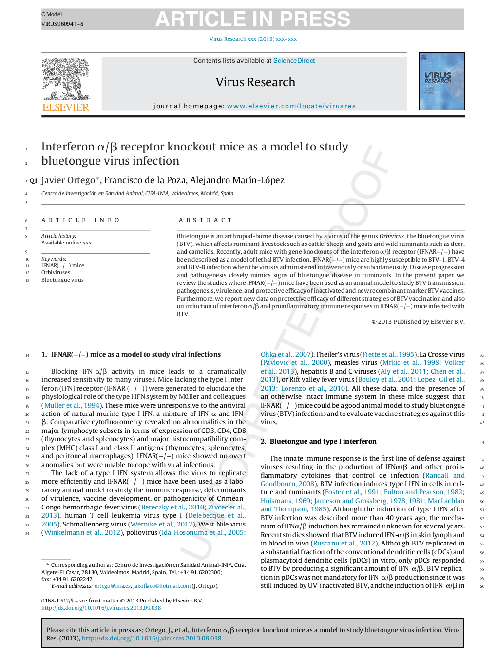 Interferon Î±/Î² receptor knockout mice as a model to study bluetongue virus infection