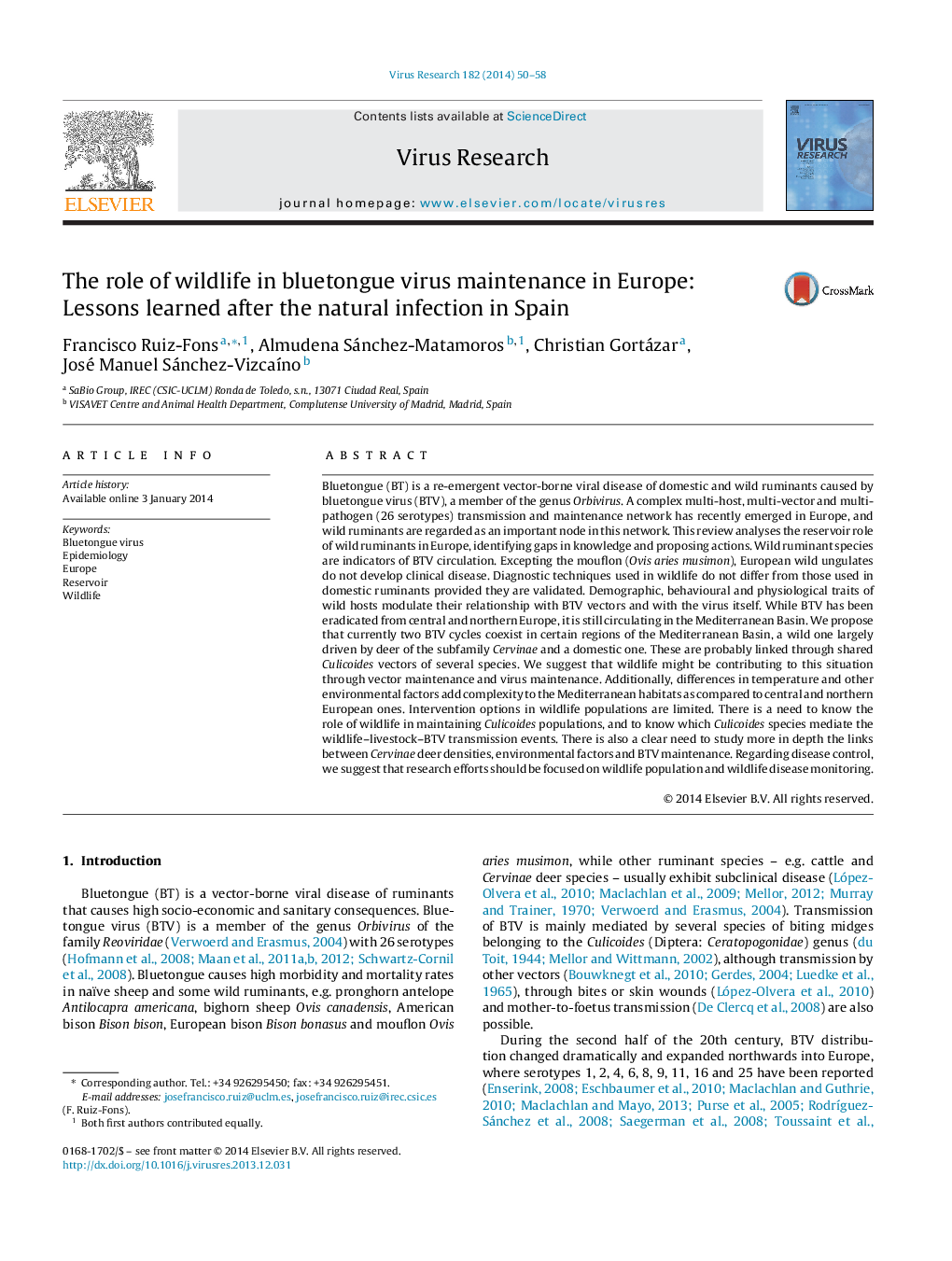 The role of wildlife in bluetongue virus maintenance in Europe: Lessons learned after the natural infection in Spain