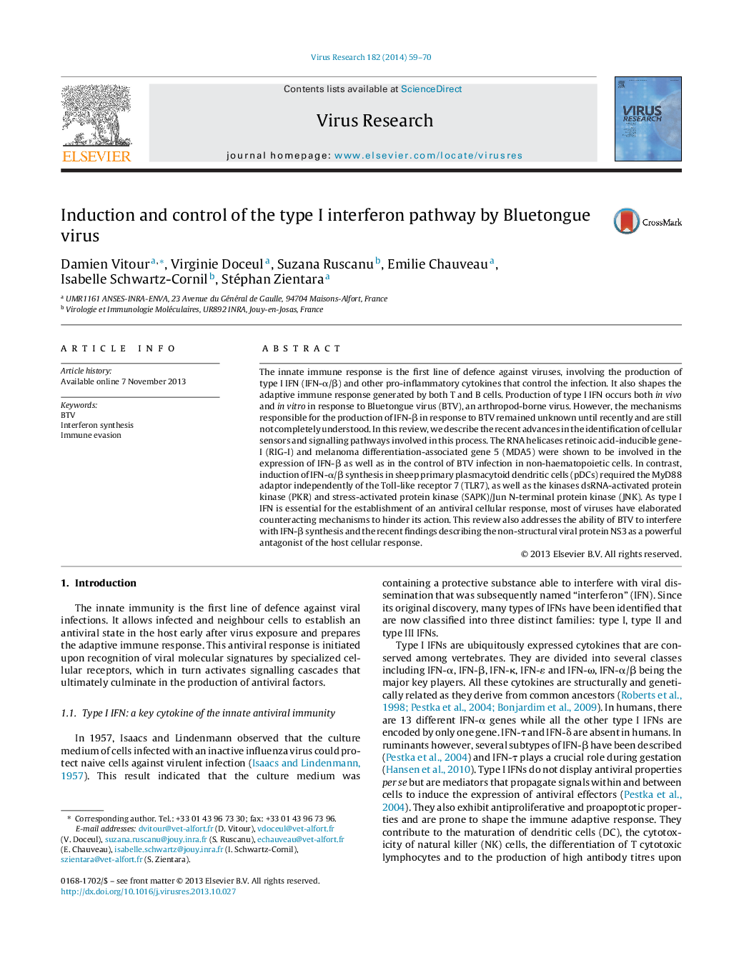 Induction and control of the type I interferon pathway by Bluetongue virus