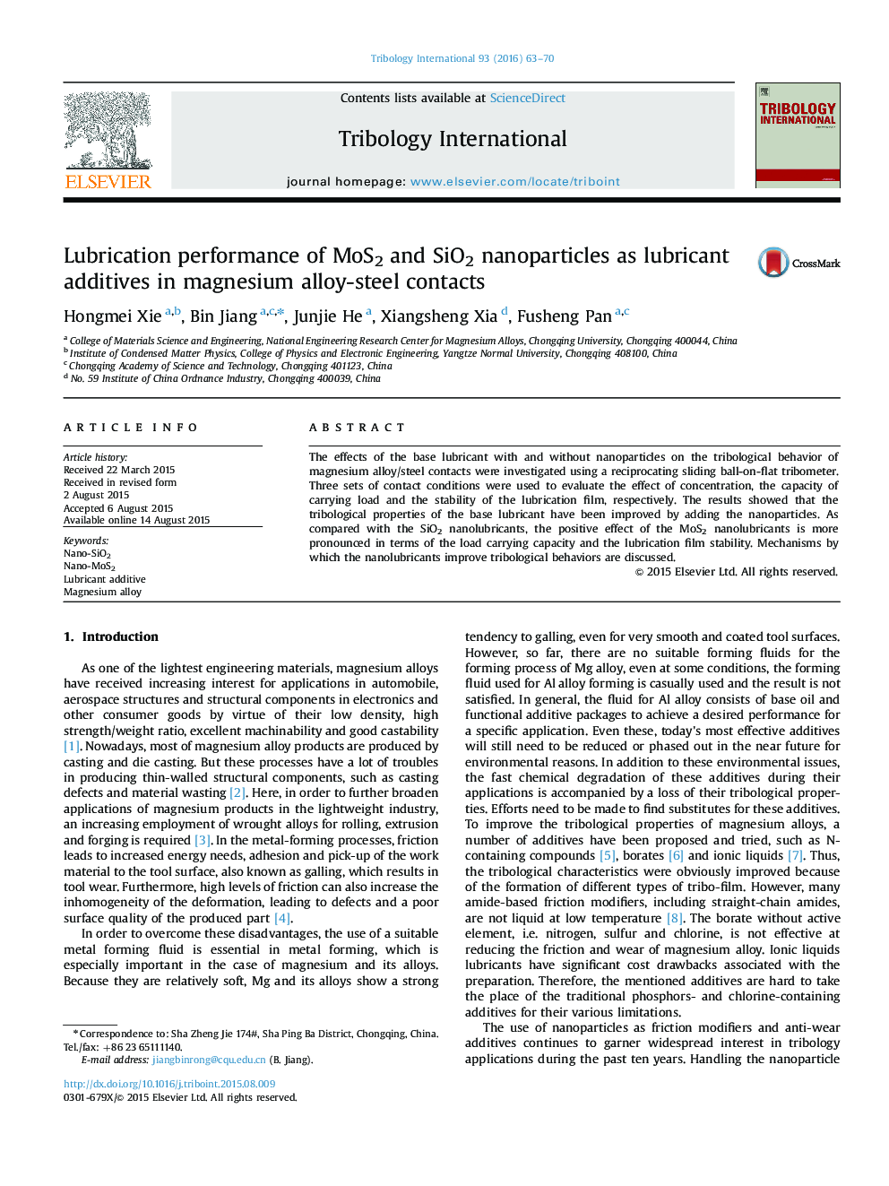 Lubrication performance of MoS2 and SiO2 nanoparticles as lubricant additives in magnesium alloy-steel contacts