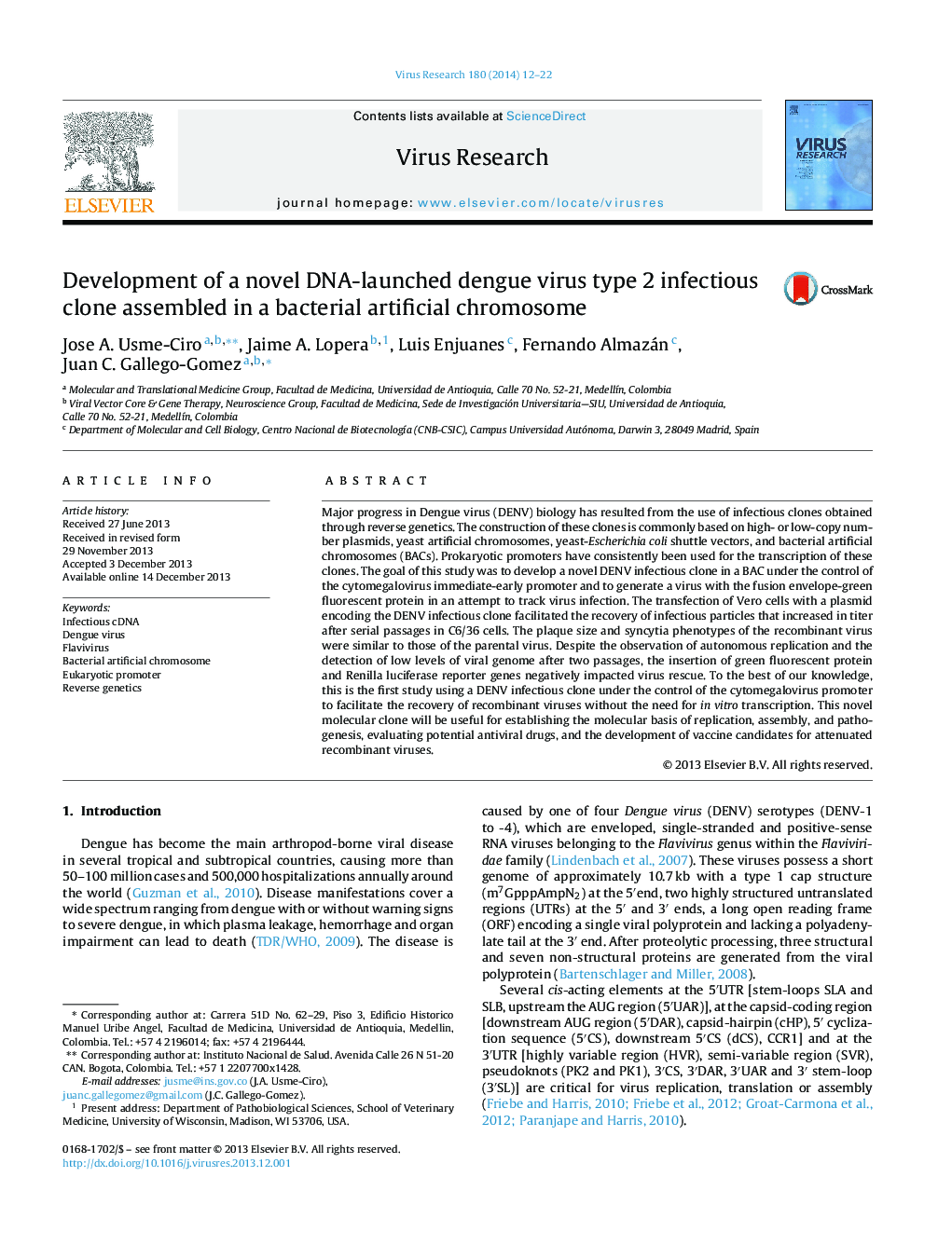 Development of a novel DNA-launched dengue virus type 2 infectious clone assembled in a bacterial artificial chromosome