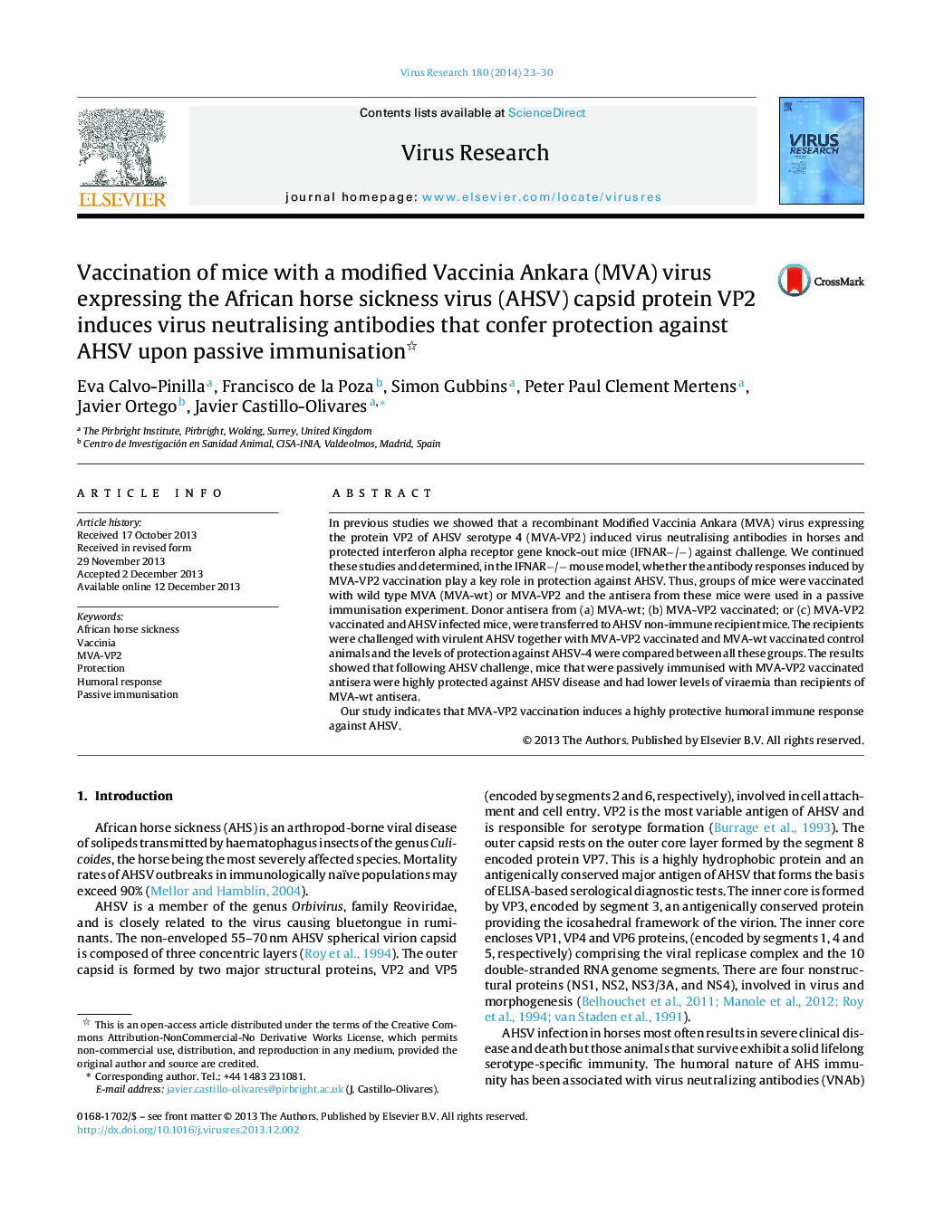 Vaccination of mice with a modified Vaccinia Ankara (MVA) virus expressing the African horse sickness virus (AHSV) capsid protein VP2 induces virus neutralising antibodies that confer protection against AHSV upon passive immunisation