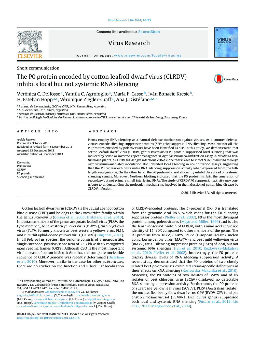 The P0 protein encoded by cotton leafroll dwarf virus (CLRDV) inhibits local but not systemic RNA silencing