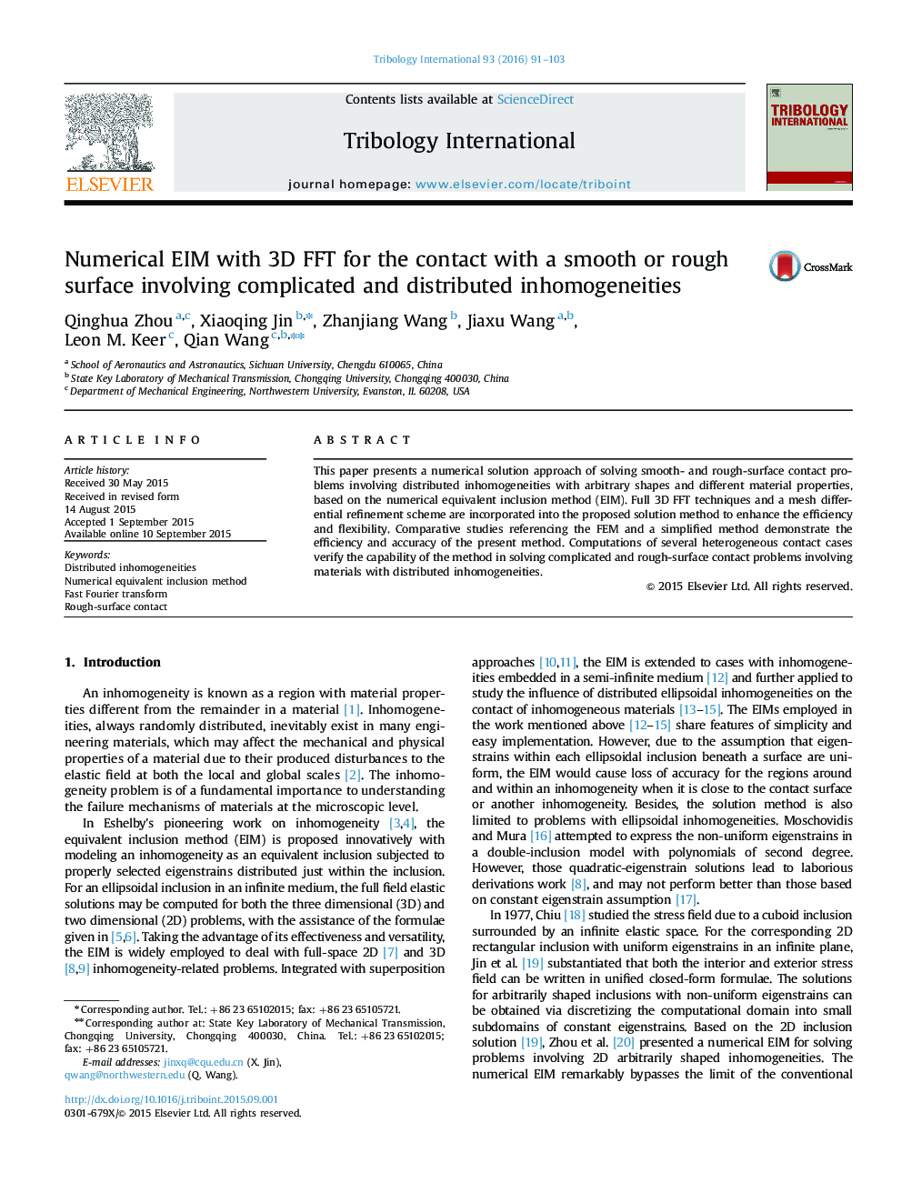 Numerical EIM with 3D FFT for the contact with a smooth or rough surface involving complicated and distributed inhomogeneities