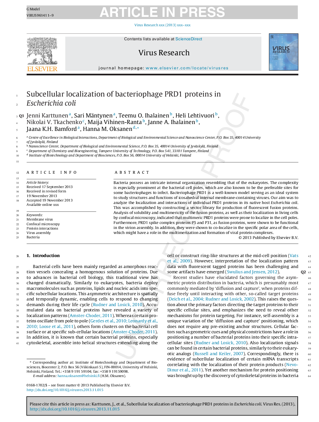 Subcellular localization of bacteriophage PRD1 proteins in Escherichia coli