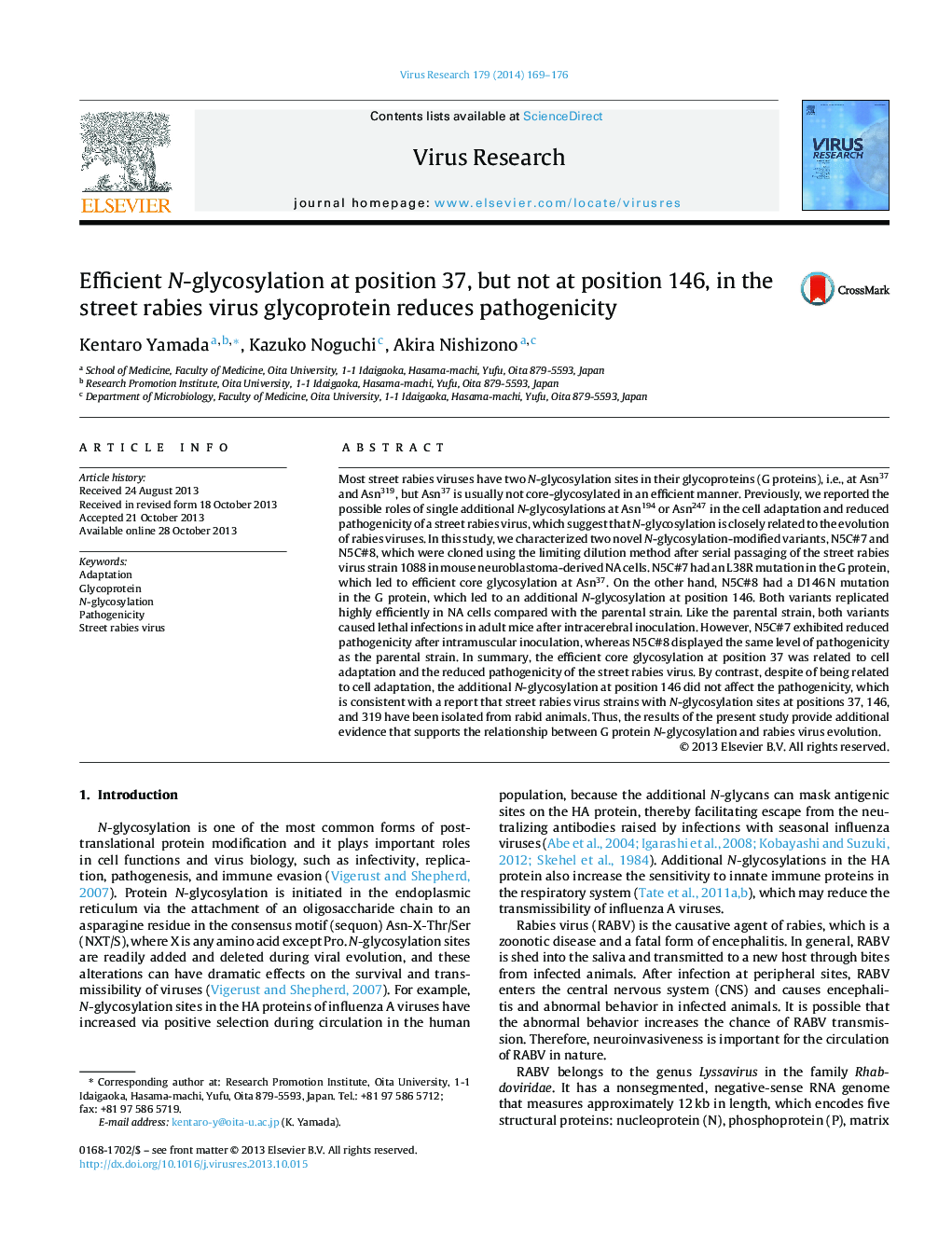 Efficient N-glycosylation at position 37, but not at position 146, in the street rabies virus glycoprotein reduces pathogenicity