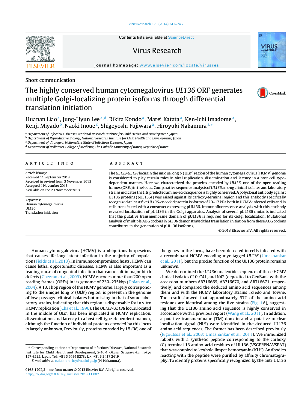 The highly conserved human cytomegalovirus UL136 ORF generates multiple Golgi-localizing protein isoforms through differential translation initiation