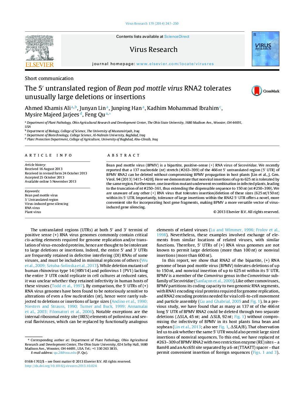 The 5â² untranslated region of Bean pod mottle virus RNA2 tolerates unusually large deletions or insertions